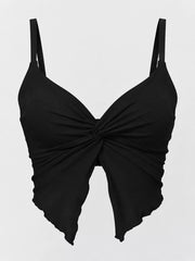 Black twist-front cami top shown flat, front