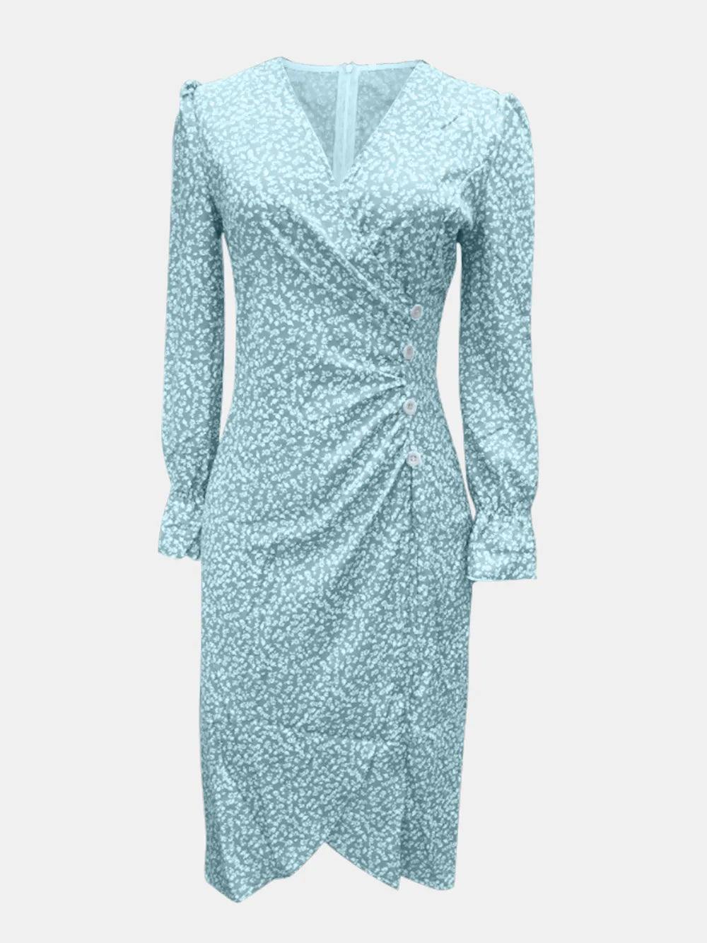 Front view of mint blue surplice midi dress with long sleeves and decorative buttons