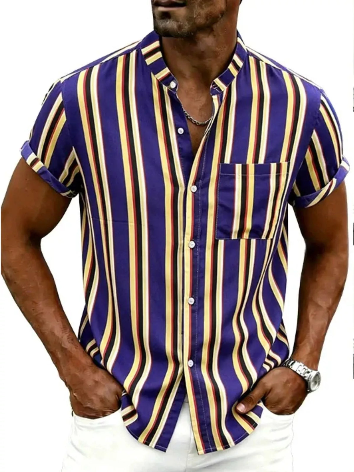 Model wearing a navy shirt with bold yellow and white vertical stripes