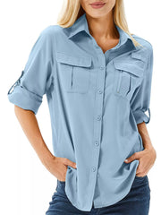 Light blue button-down shirt with rolled sleeves, front view on model