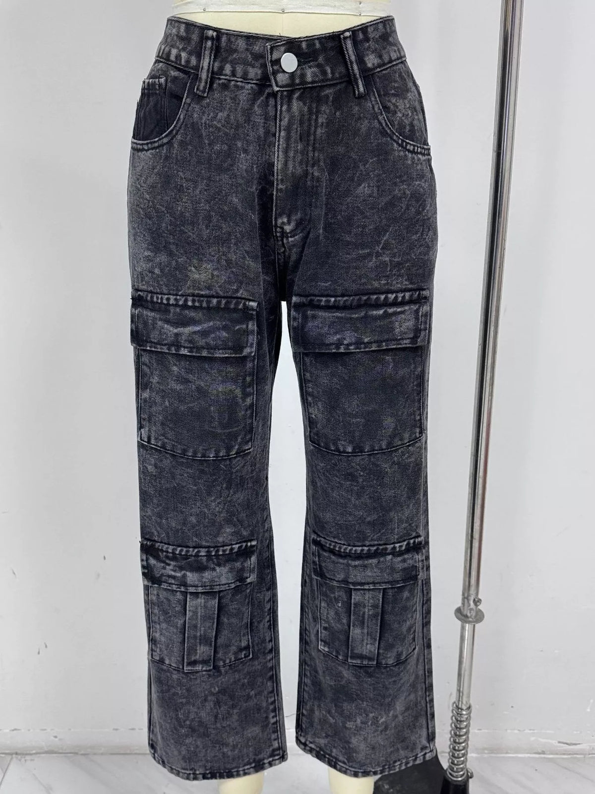Front product view of high-waisted wide-leg cargo jeans