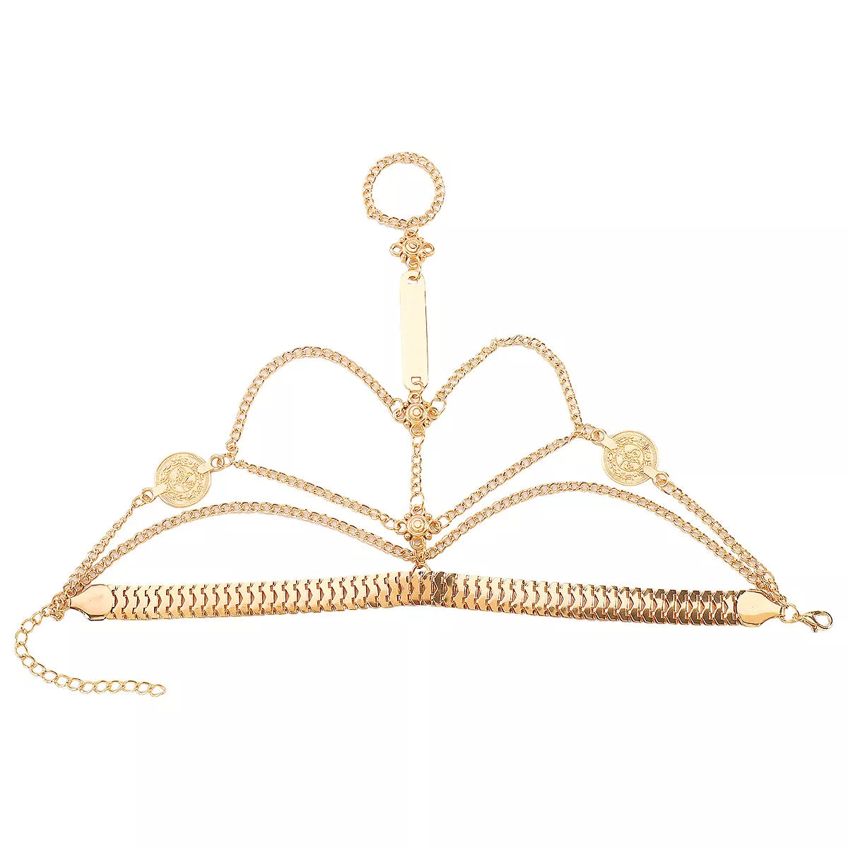 Gold-tone layered chain hand bracelet with decorative ring detail