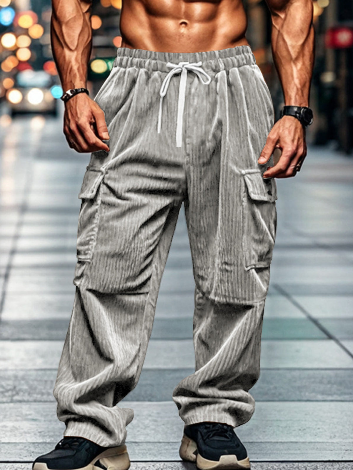 Back view showing the rear pockets on corduroy cargo pants