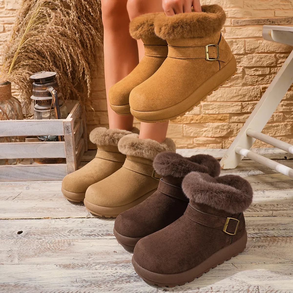 Tan suede-look ankle boots with plush fur cuffs and buckle