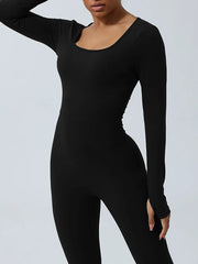 Black jumpsuit front neckline and long sleeve detail
