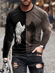 Model wearing split black and gray long-sleeve shirt with wing graphic