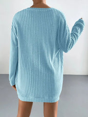 Back view of the light blue longline ribbed cardigan