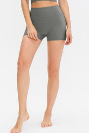 Close-up of gray ribbed shorts and wide waistband