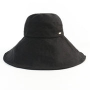 Black wide-brim sun hat displayed against a light background.