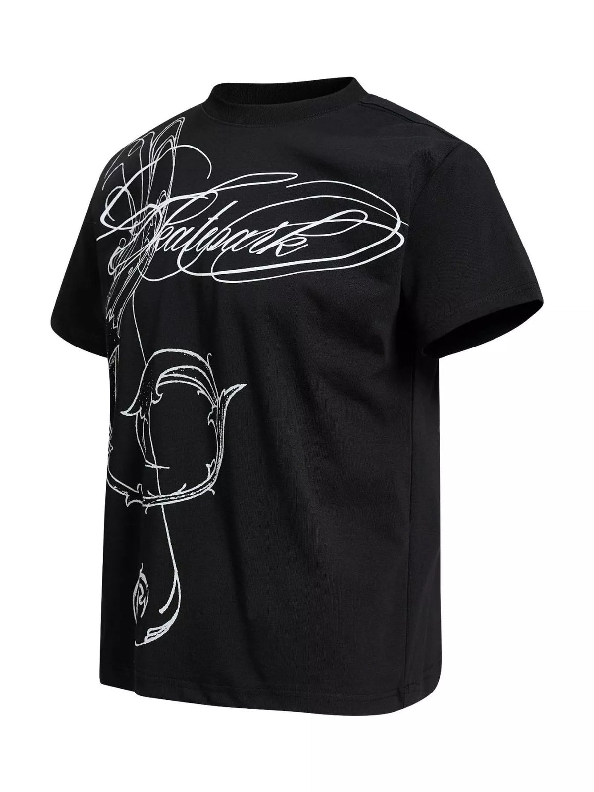 White short-sleeve graphic T-shirt with large dark line art, shown at an angle