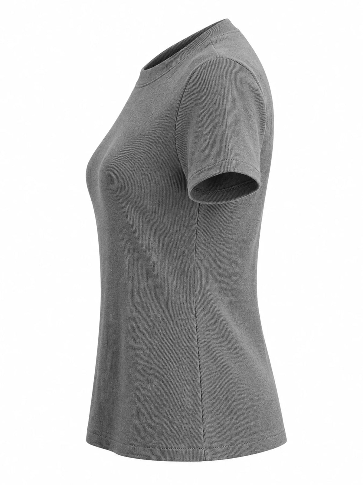 Detail collage of a gray crew neck T-shirt showing the collar, sleeve, ribbed fabric, and hem.