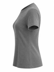 Detail collage of a gray crew neck T-shirt showing the collar, sleeve, ribbed fabric, and hem.