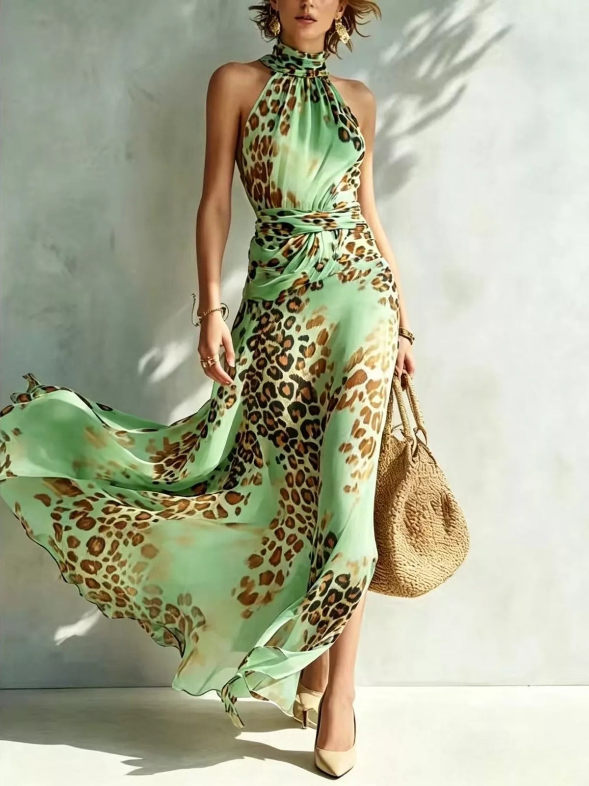 Mint green leopard-print halter maxi dress with flowing slit skirt