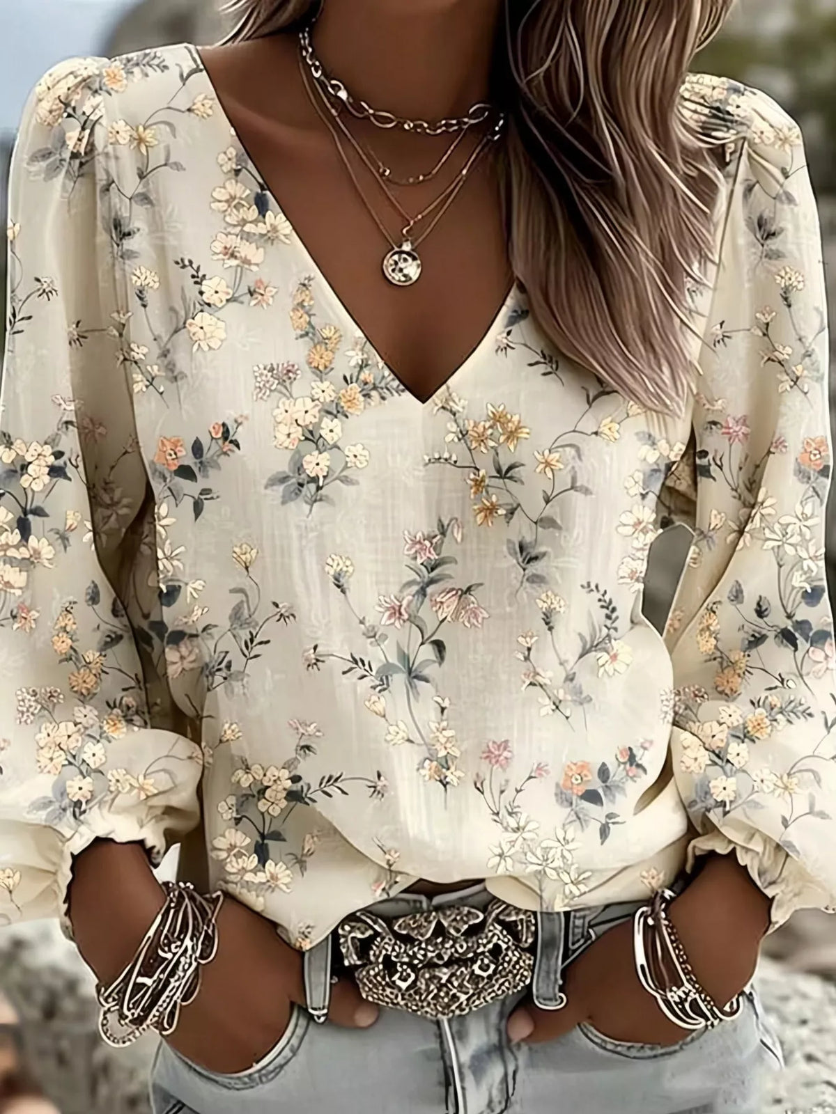 Close view of cream floral print blouse with V neckline and gathered shoulders