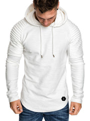 Front view of a white drawstring hoodie with ribbed sleeves.