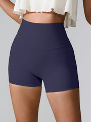 Back view of deep navy high-waist active shorts.