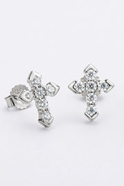 Silver-tone stone-set cross stud earrings shown from front and angled side