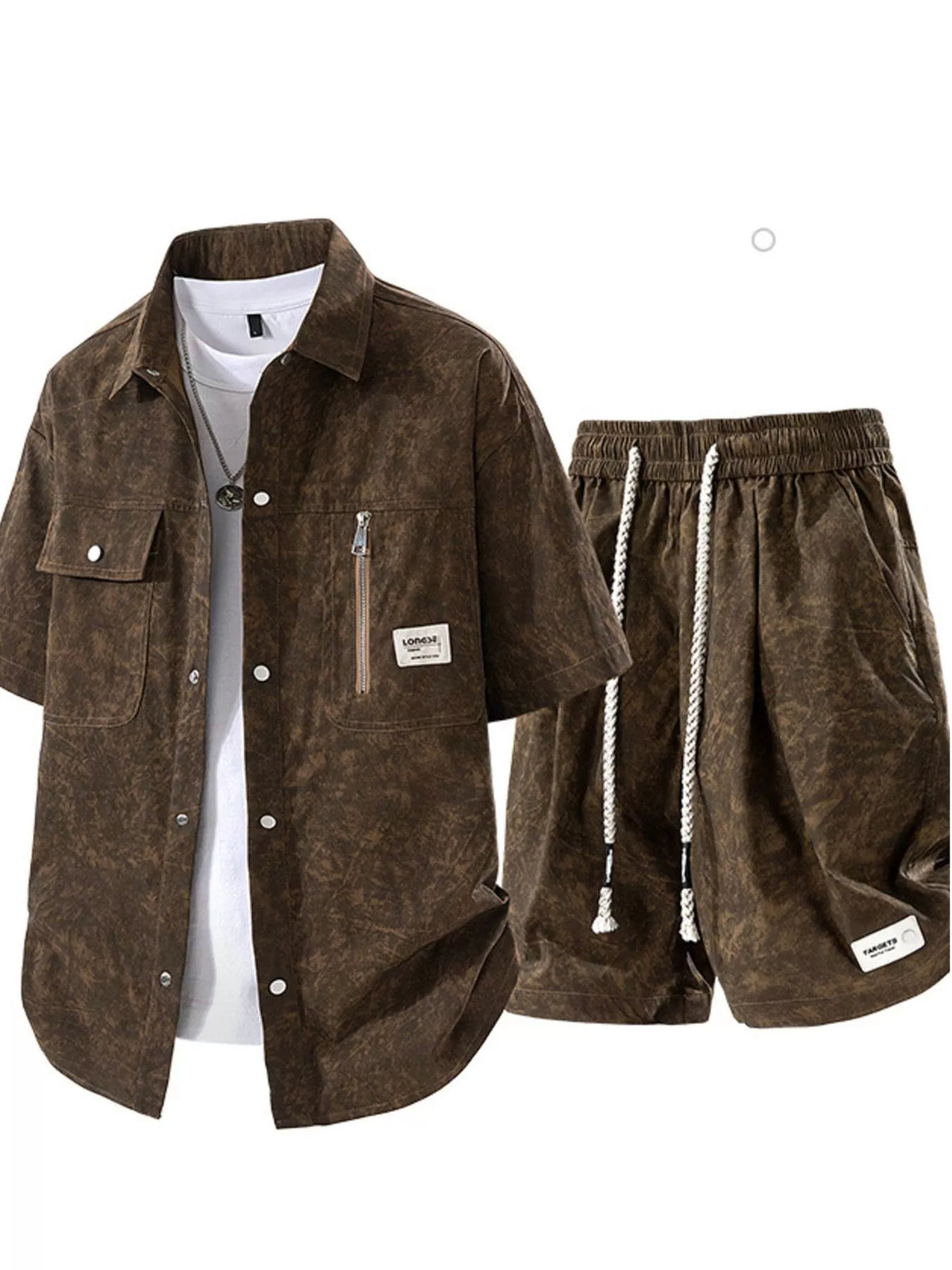 Brown short-sleeve shirt and matching shorts set, front view