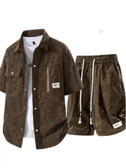 Brown short-sleeve shirt and matching shorts set, front view