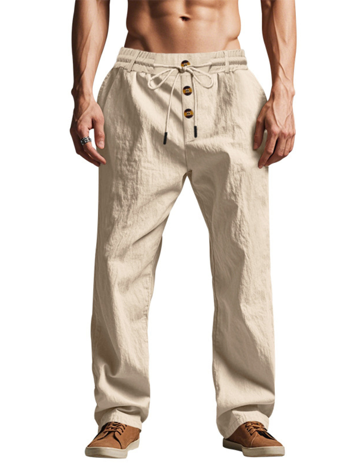 Front view of beige drawstring pants with button front and wide straight legs