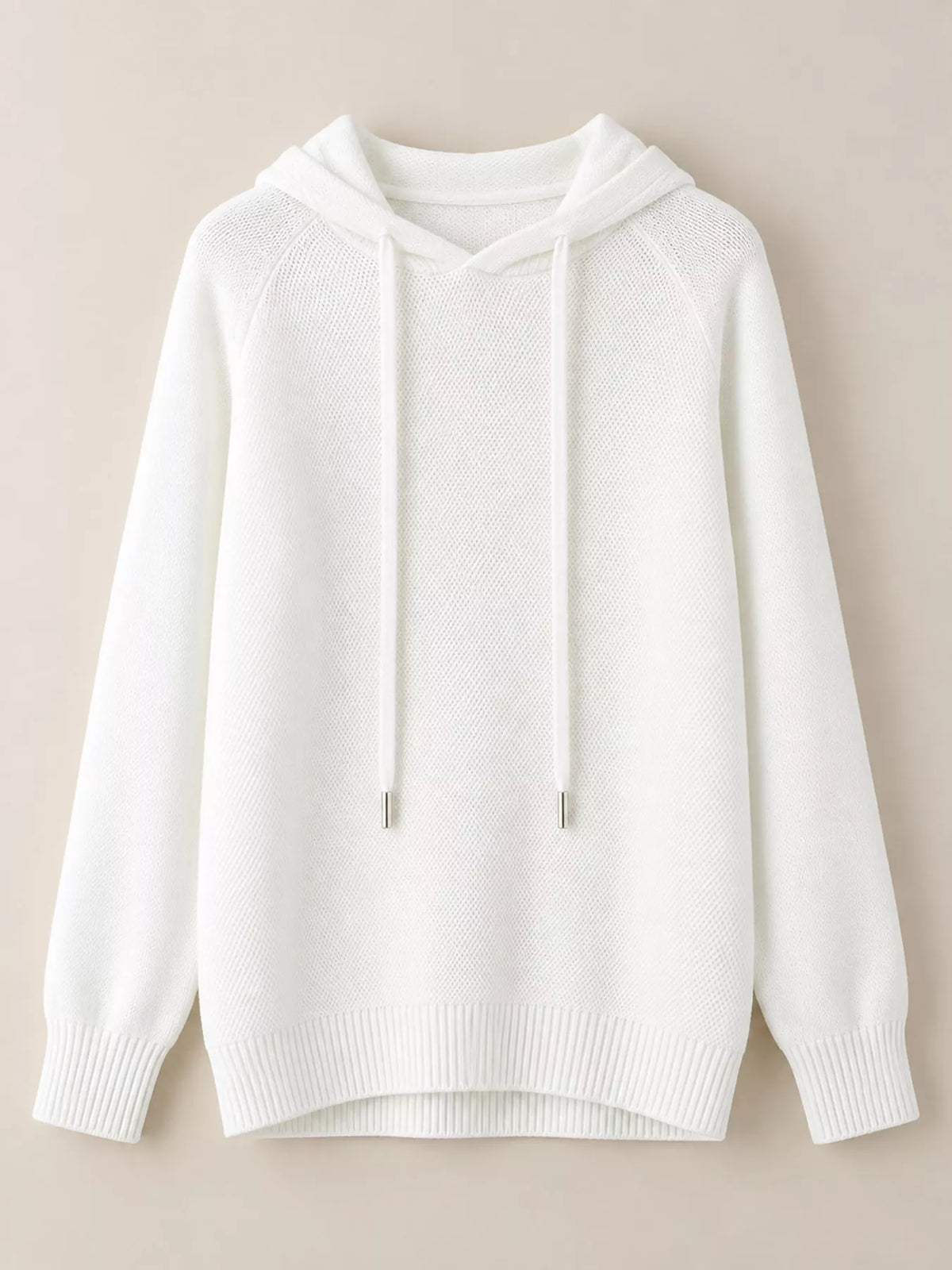 White drawstring hooded sweater displayed alone against a pale background.