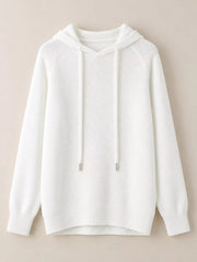White drawstring hooded sweater displayed alone against a pale background.