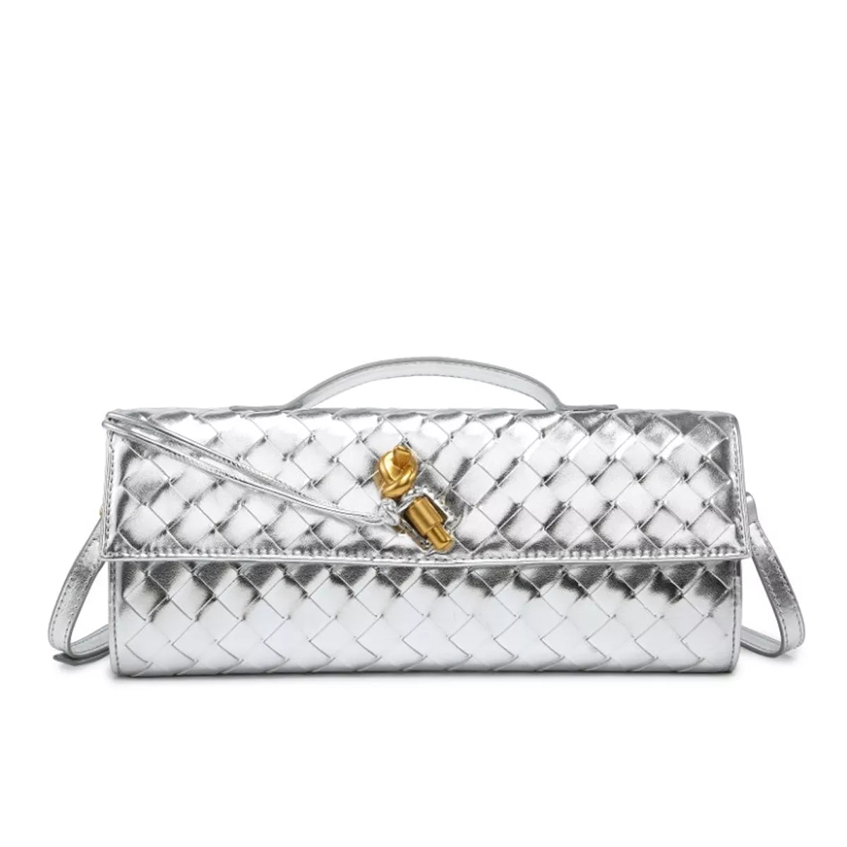 Silver woven flap crossbody bag with gold-tone clasp