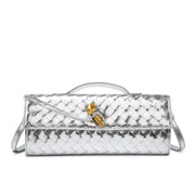 Silver woven flap crossbody bag with gold-tone clasp