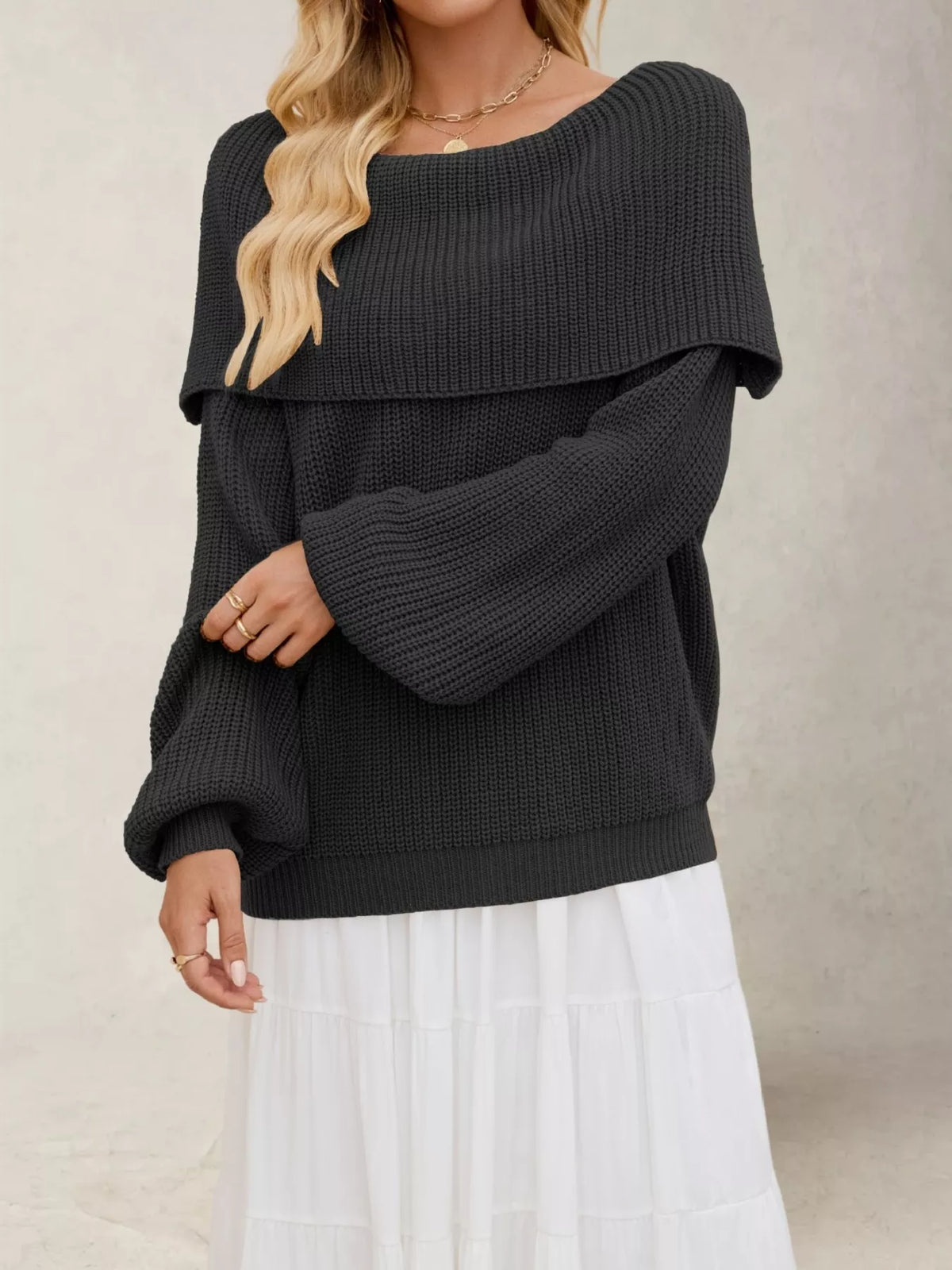 Charcoal off-shoulder ribbed sweater with wide neckline