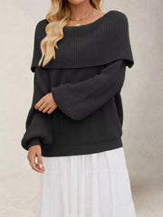 Charcoal off-shoulder ribbed sweater with wide neckline