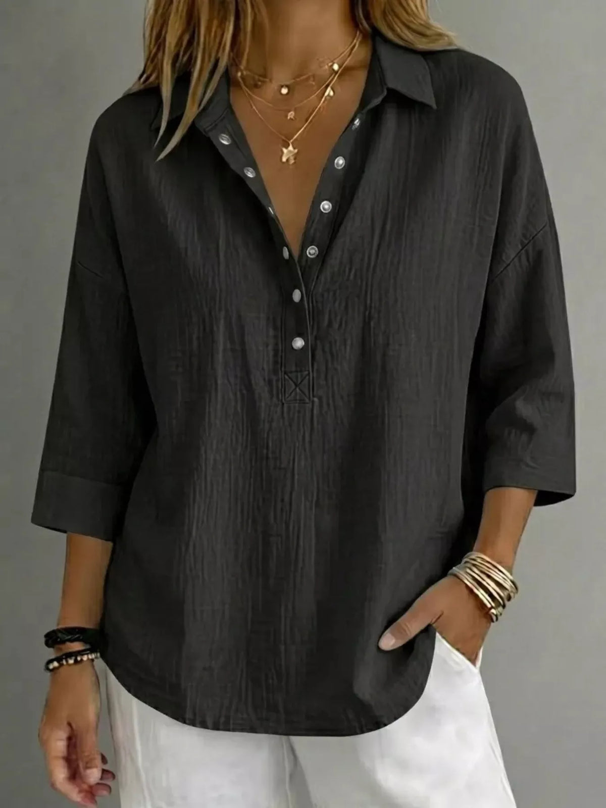 Women's plus-size snap-down 3/4-sleeve blouse, alternate view 5