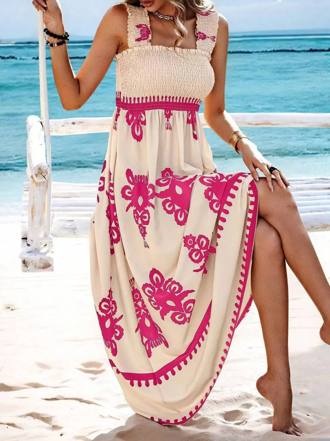 Pink and cream printed maxi dress with wide straps