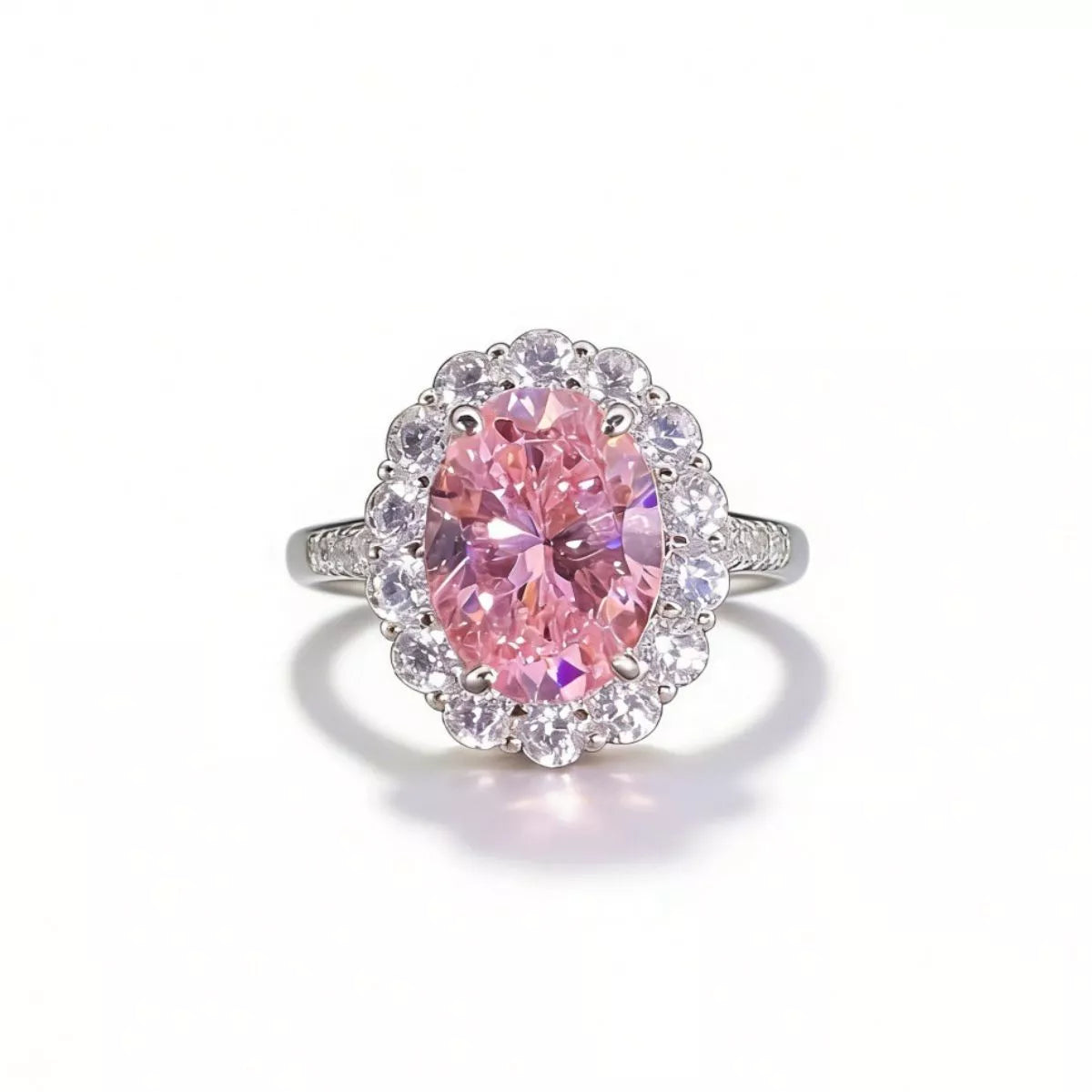 Front view of the blush pink oval zircon ring.