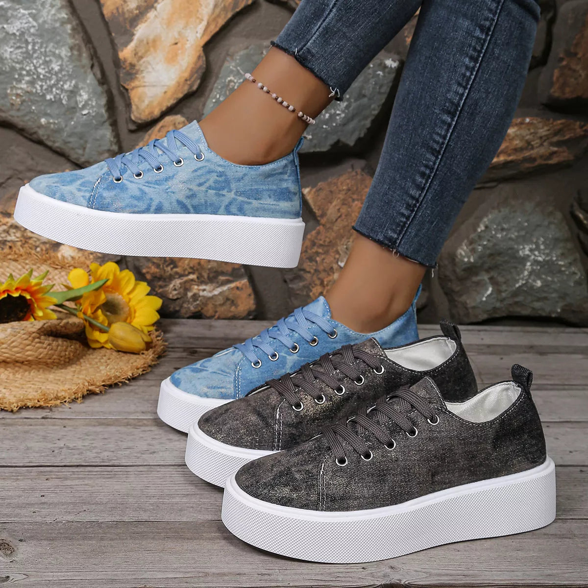 Blue and charcoal patterned platform sneakers, side view