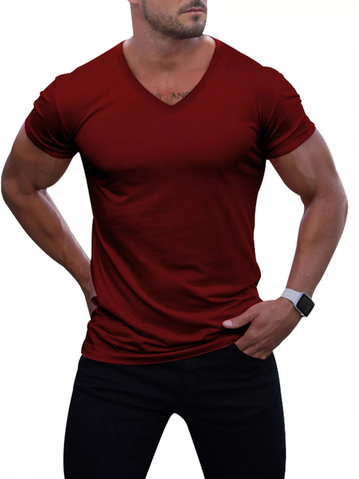 Man wearing a burgundy V-neck T-shirt
