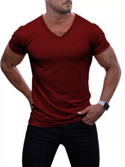 Man wearing a burgundy V-neck T-shirt