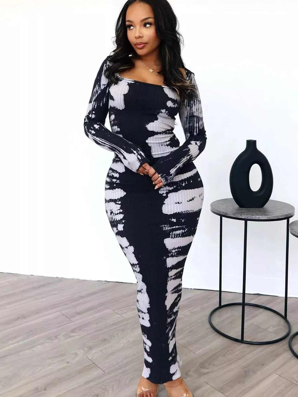 Black and white tie-dye long-sleeve maxi dress, full-length front view
