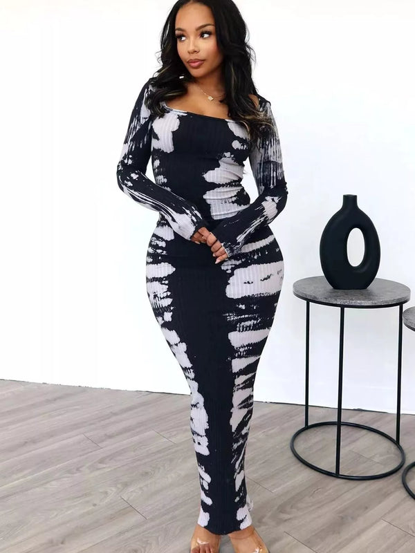 Black and white tie-dye long-sleeve maxi dress, full-length front view