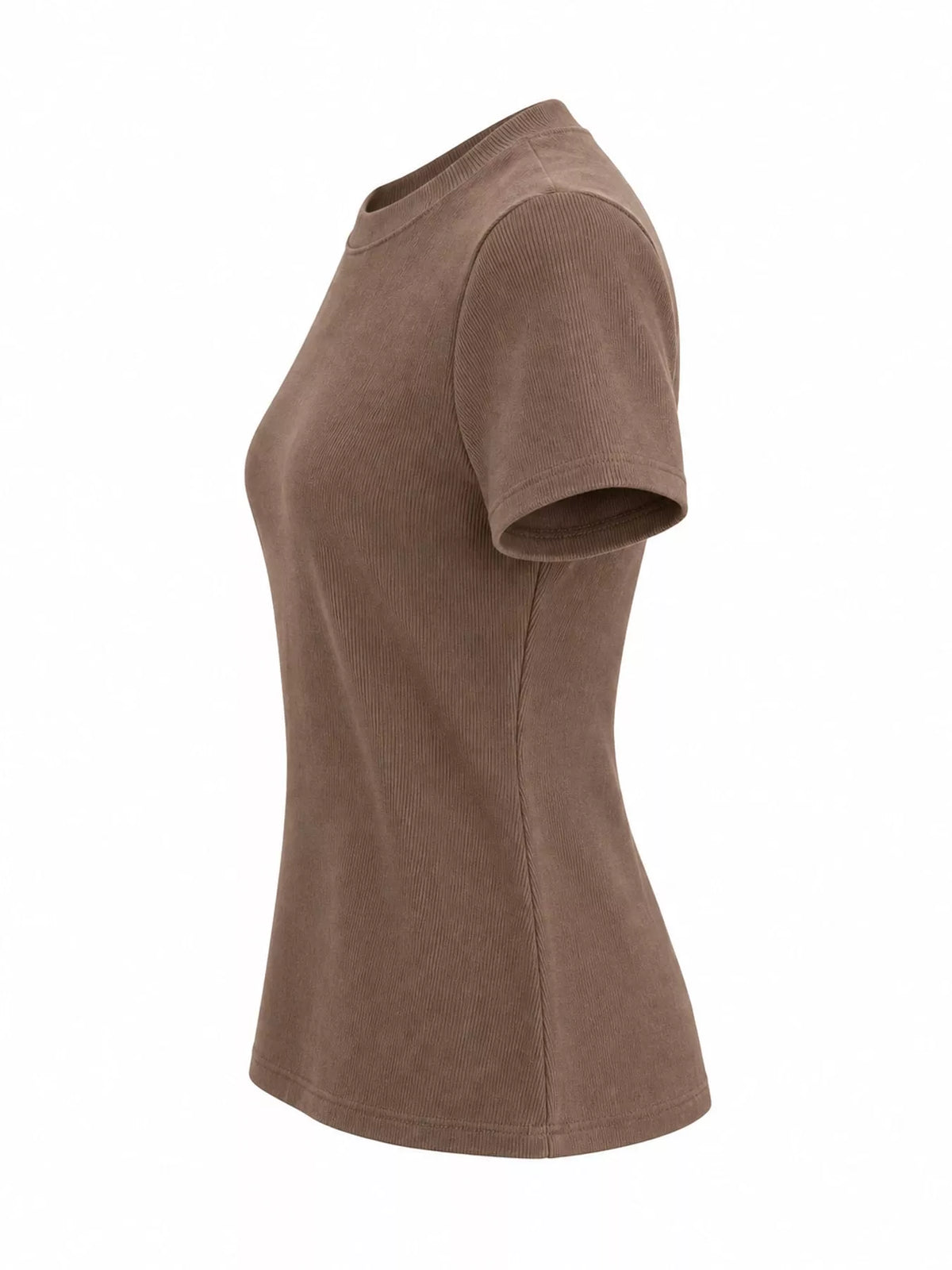 Brown slim-fit crew neck T-shirt shown from the front.