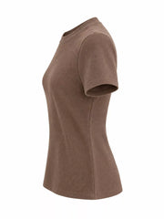 Brown slim-fit crew neck T-shirt shown from the front.
