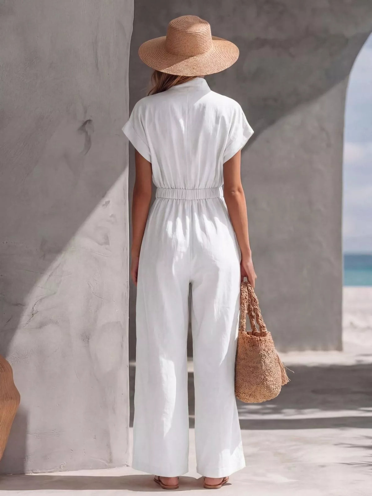 Women's zip-front wide-leg jumpsuit, white back view