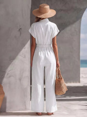Women's zip-front wide-leg jumpsuit, white back view