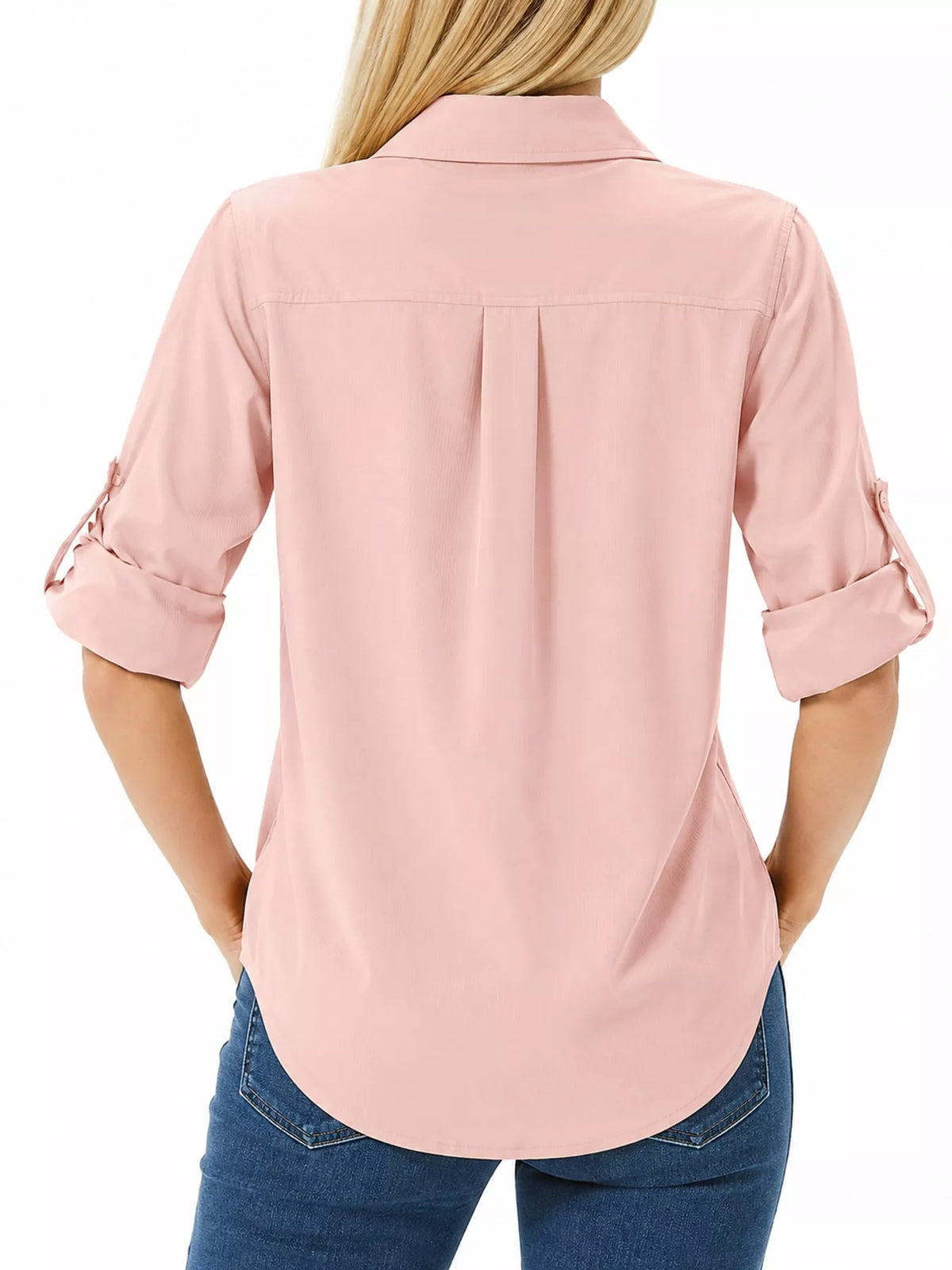 Back view of pink button-down shirt with rolled sleeves
