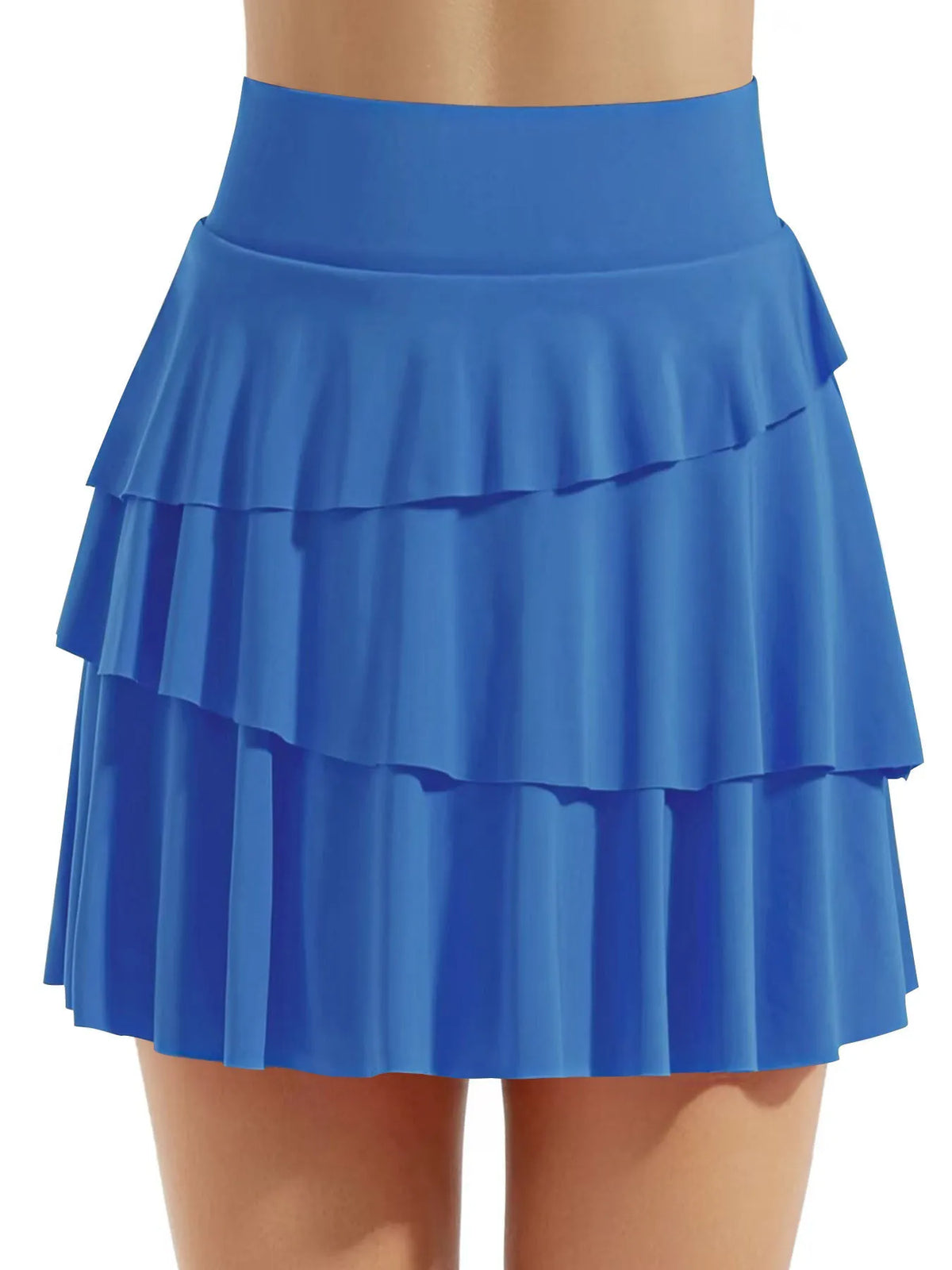 Three-quarter front view of tiered ruffle active skort