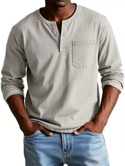 Close view of chest pocket and buttons on the long-sleeve top