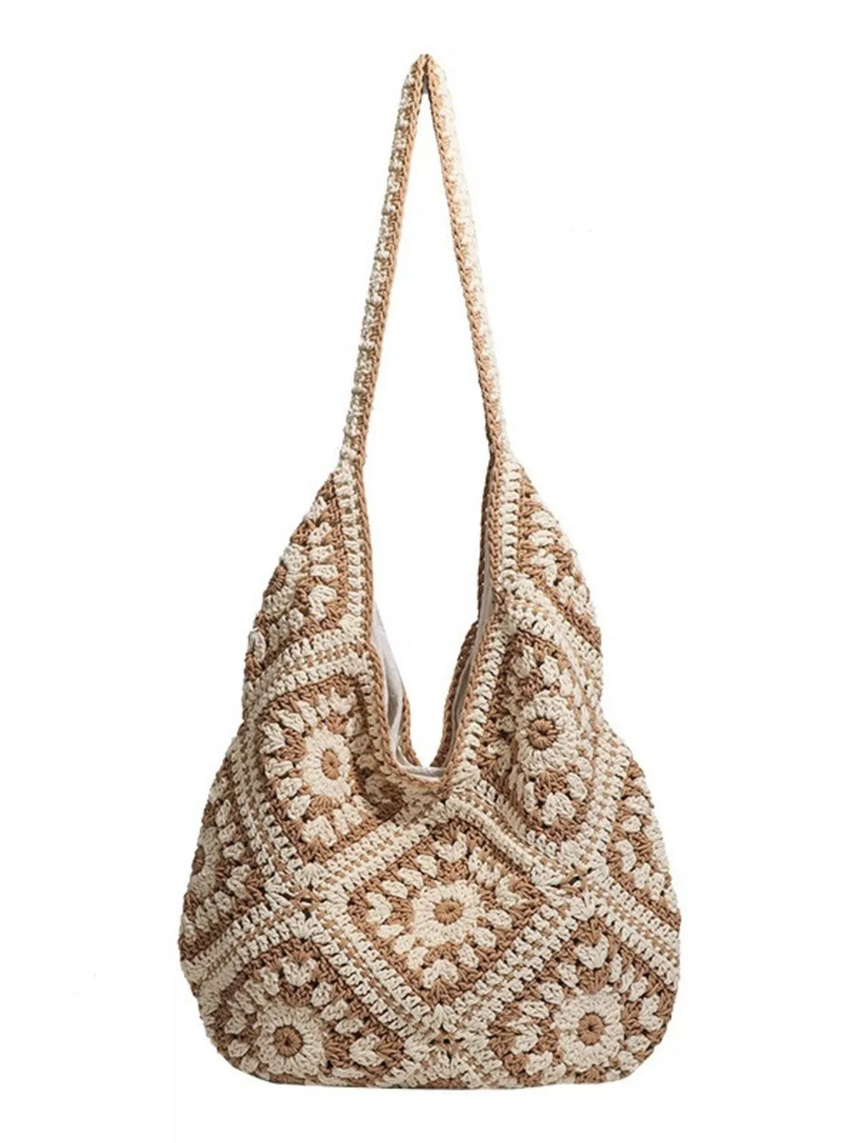 Crochet shoulder bag with its long strap raised