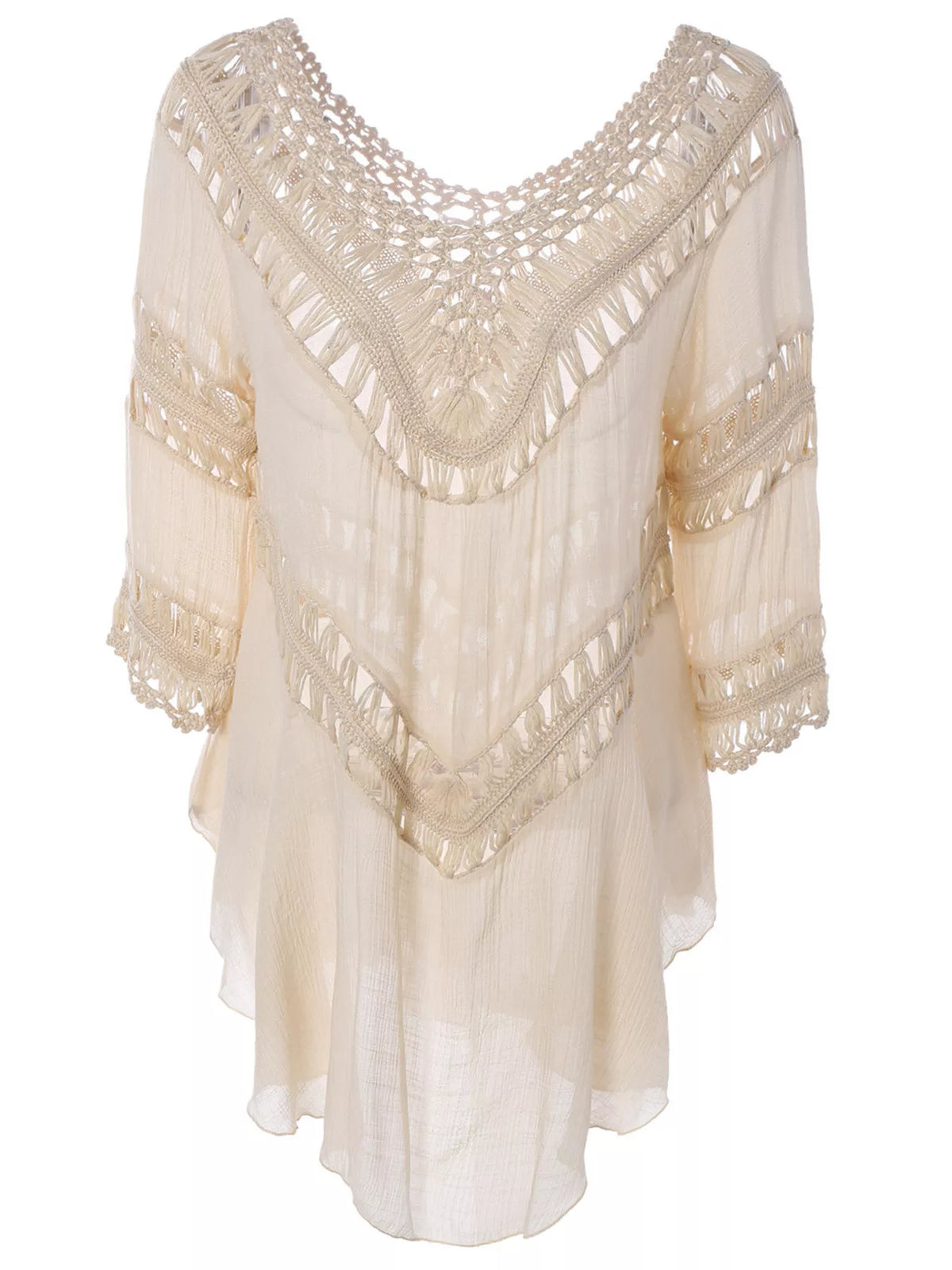 Front view of a black crochet-trimmed cover-up dress