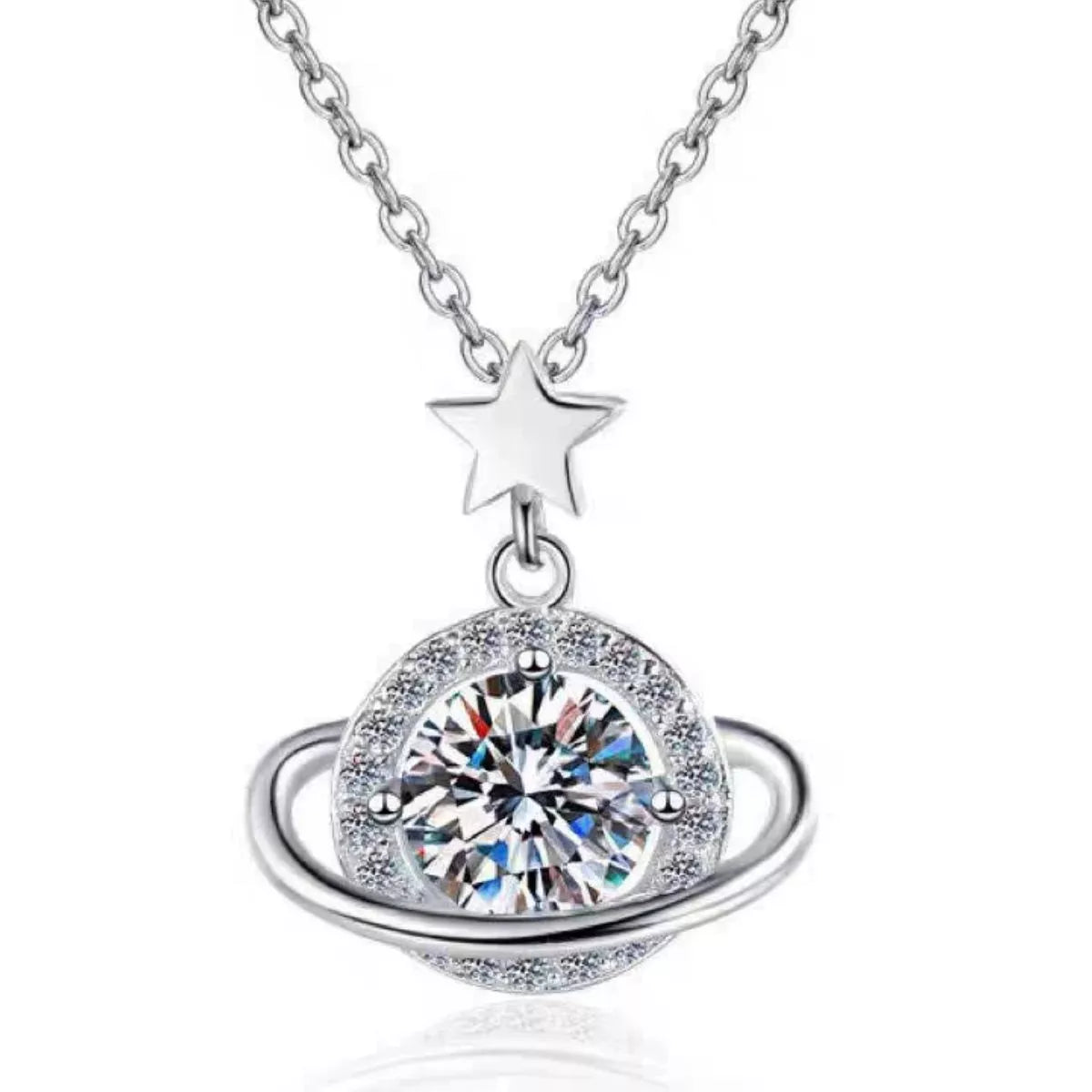 Front view of silver planet pendant with star accent and orbit ring