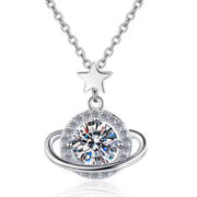 Front view of silver planet pendant with star accent and orbit ring