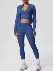 Garment detail view of tank & zip-up jacket and leggings three-piece active set